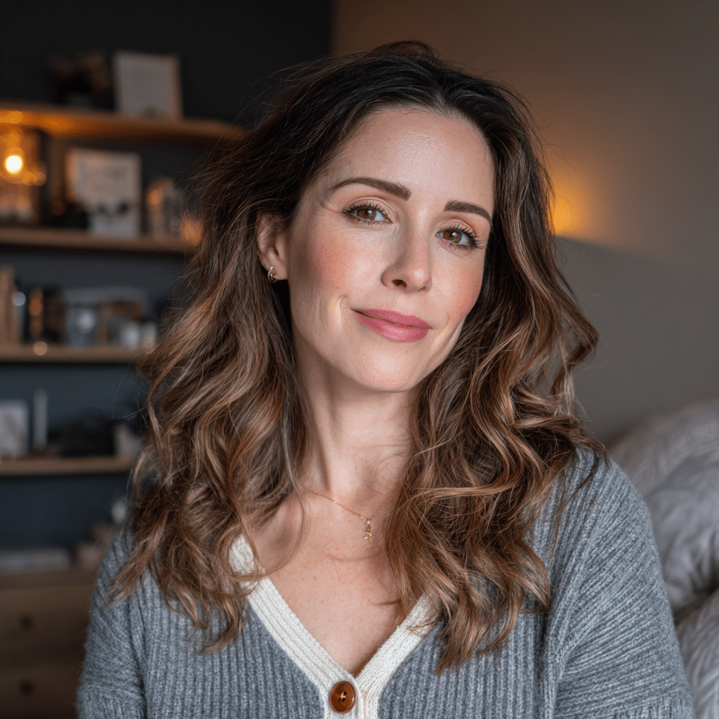 home page 1 Portrait of the blog creator, smiling with wavy brown hair, taken indoors in a cozy and warm atmosphere